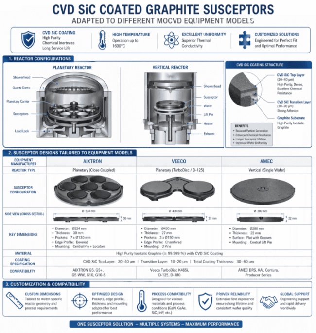 SUSCEPTORS DE GRAFIT RECOBERTS DE SiC CVD ADAPTAT A DIFERENTS MODELS D'EQUIPS MOCVD